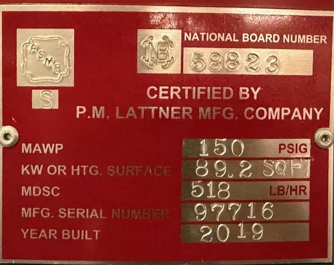 Used 2019 Lattner Boiler Company 15 HP Natural Gas Steam Boiler System — Model WLF — S/N 97716 — Complete System with Feedwater Tank, Condensate Receiver & Controls