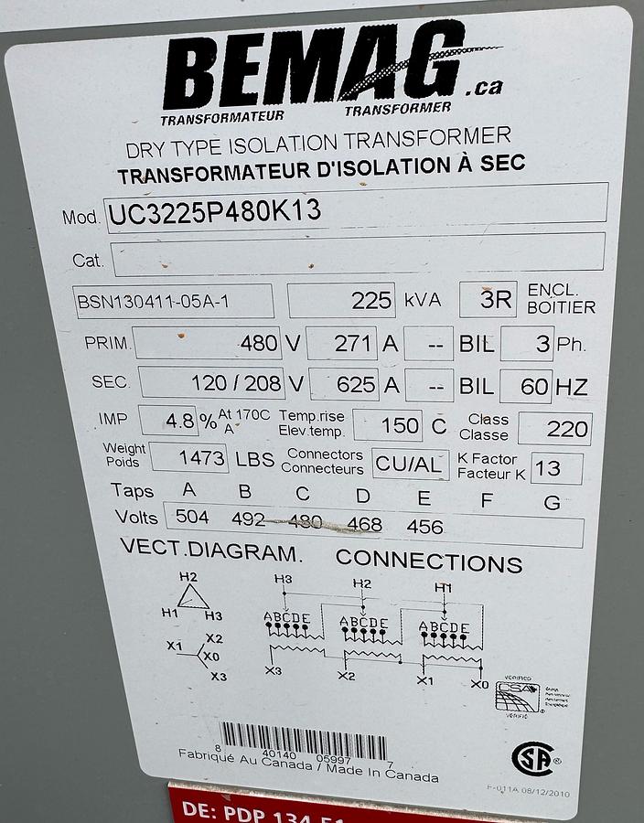 Used BEMAG 225 kVA Dry Type Isolation Transformer UC3225P480K13