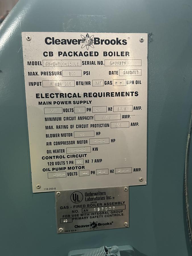 Used 150 HP Cleaver Brooks 200 PSI Steam Boiler 1997– CB-I-700-150L...