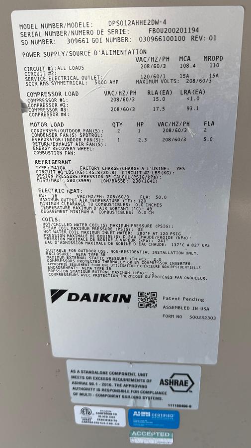 Used Daikin DPS012AHHE2DW-4 & DPS015AHHE2DW-6 Rooftop HVAC Units - 10 & 12.5 Ton Electric Heat (2020)