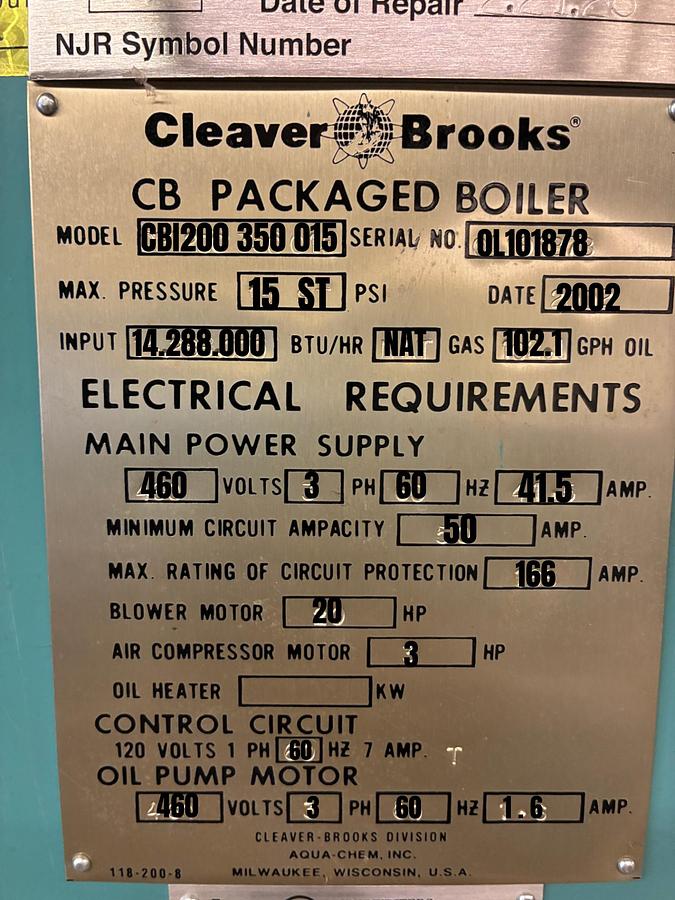 Used Cleaver Brooks CB 350 HP 15 PSI Steam Boiler – 2002 