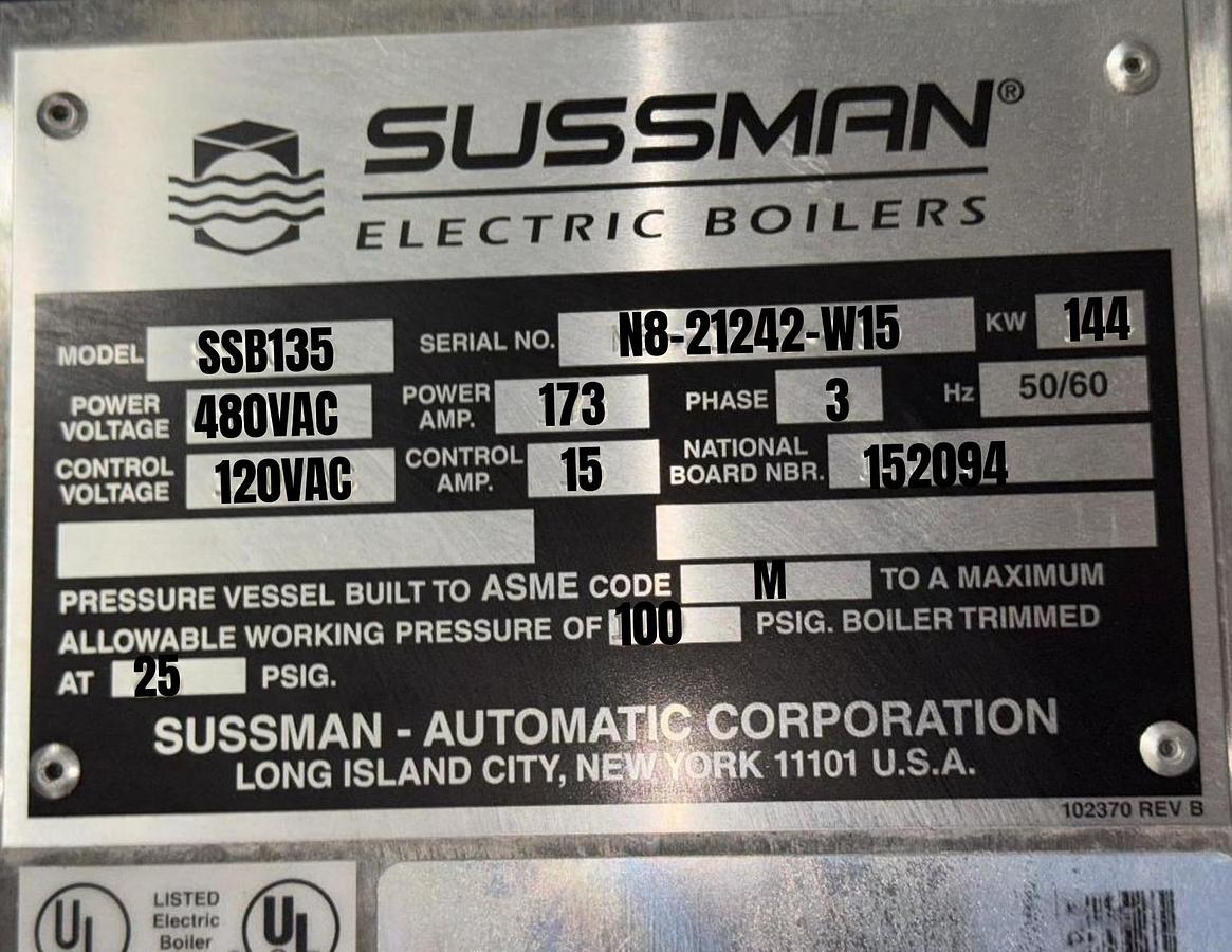Used Sussman SSB135 Electric Steam Boiler - 144 kW, 480V 3-Phase, 500 lb/hr, ASME, Stainless Steel (2015)