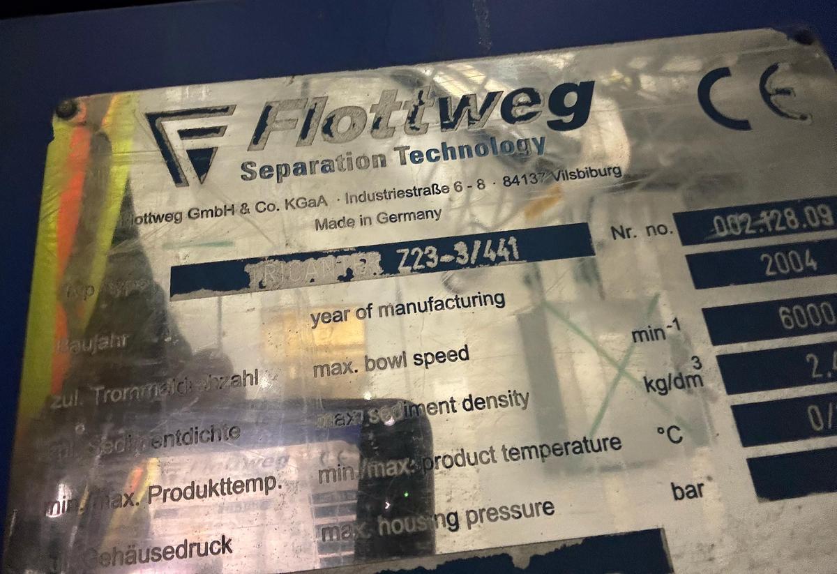 Used Flottweg Z23-3/441 Solid Bowl Tricanter Centrifuge - 6000 RPM Three-Phase Separator (2004)