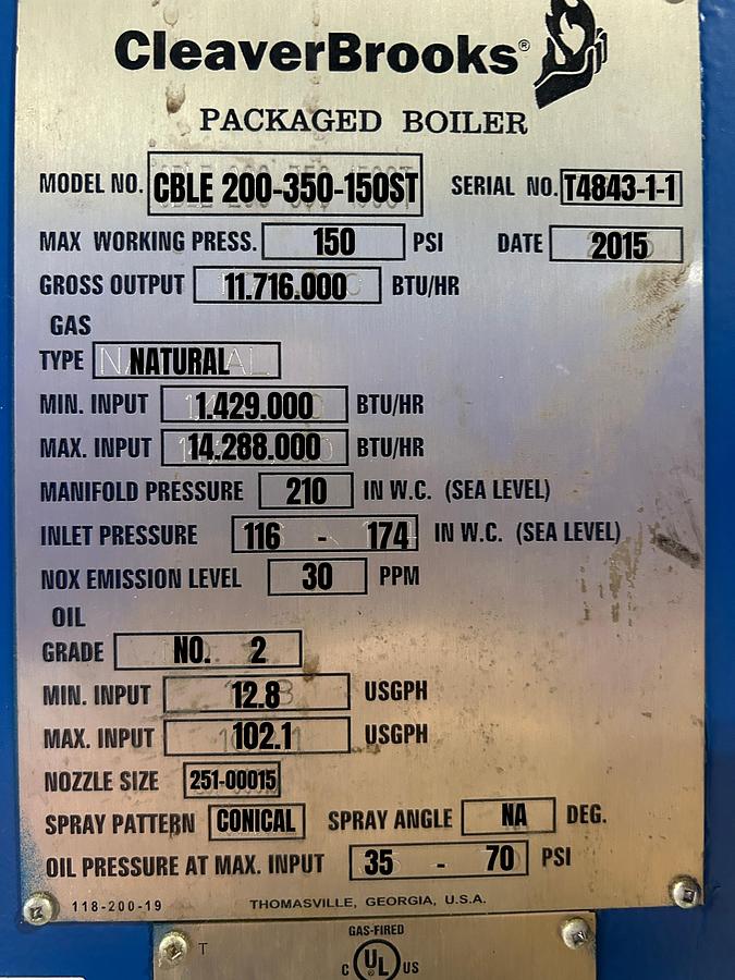Used Cleaver Brooks CBLE-200-350-150ST 350 HP 150 PSI Packaged Steam Boiler Low NOx 2015