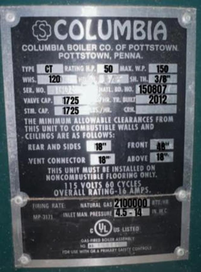 Used Columbia Boiler CT-Series Vertical Steam Boiler 50 HP Natural Gas Power Flame JR50A-15 Burner 150 PSI MAWP Built 2012