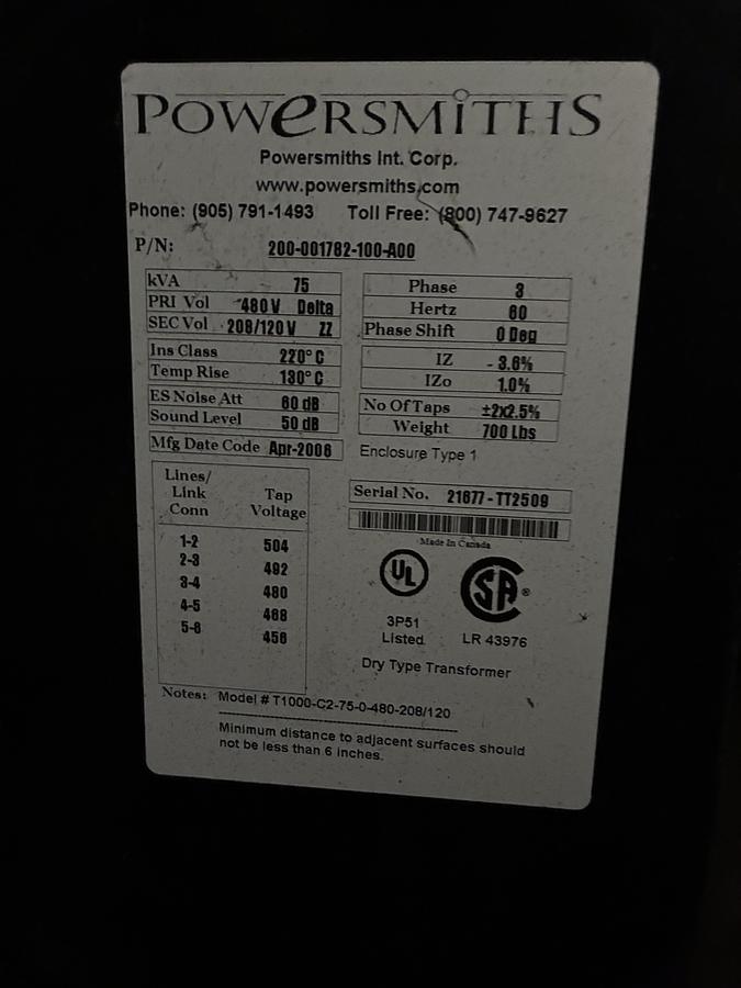 Used Powersmiths 75 kVA Energy-Efficient Dry-Type Transformer