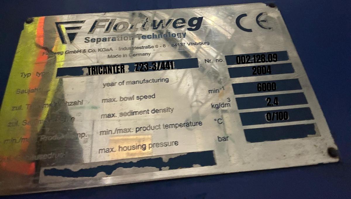 Used Flottweg Z23-3/441 Solid Bowl Tricanter Centrifuge - 6000 RPM Three-Phase Separator (2004)