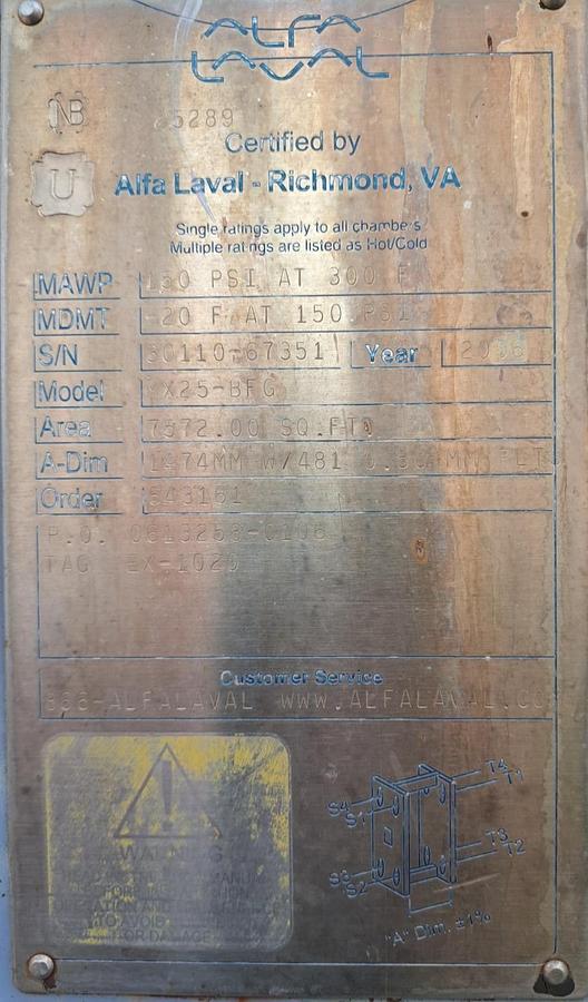 Used Alfa Laval 7,572 sq ft Plate & Frame Heat Exchanger – Model MX25-BFG (2006)