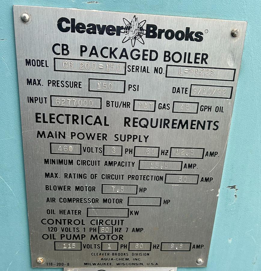 Used 1992 Cleaver Brooks CB-200-150 150 HP High Pressure Steam Boiler Natural Gas Oil Fired 150 PSI S/N L 91225 National Board No. 03010