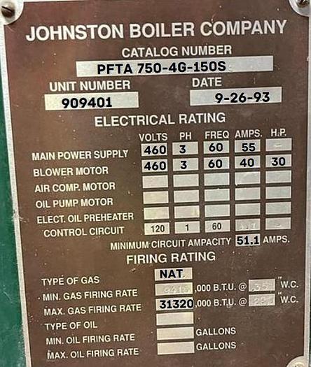 Used 750 HP Johnston Boiler Co 150 PSI Steam Boiler 1993 Model PFTA 750-4G-150S