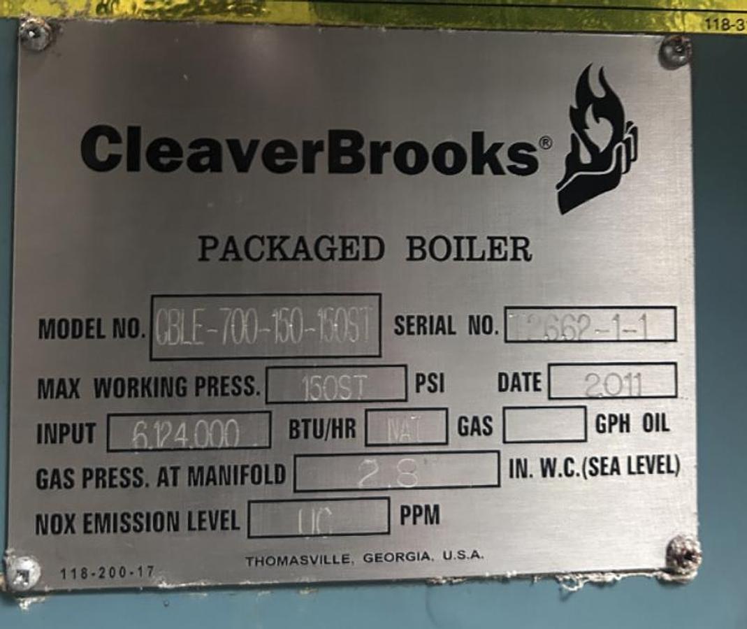 Used 2011 Cleaver Brooks CBLE-700-150-150ST 150 HP 150 PSI Steam Boiler