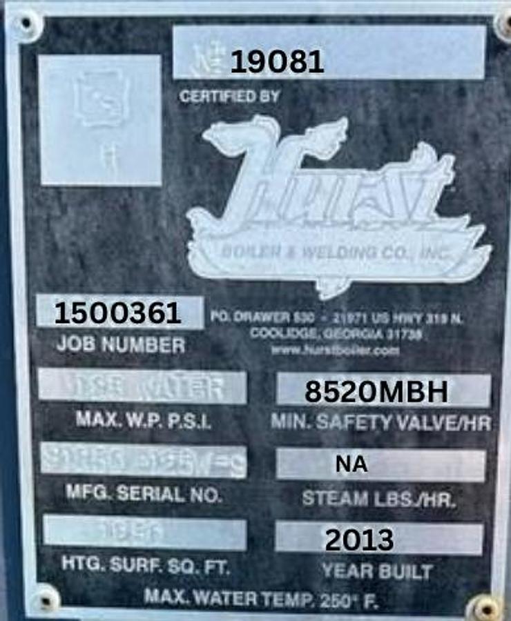 Used 250 HP Hurst 500 Series Scotch Marine Hot Water Boiler – 125 PSI – 2013