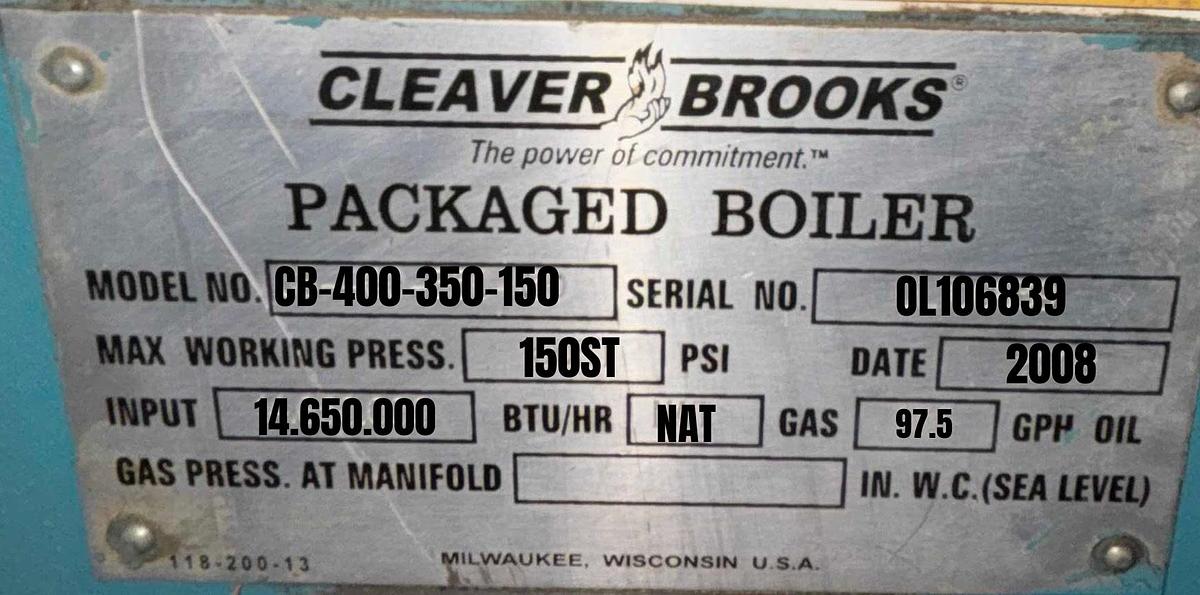 Used Cleaver Brooks 350 HP High Pressure Steam Boiler – CB-400-350-150 (2008)