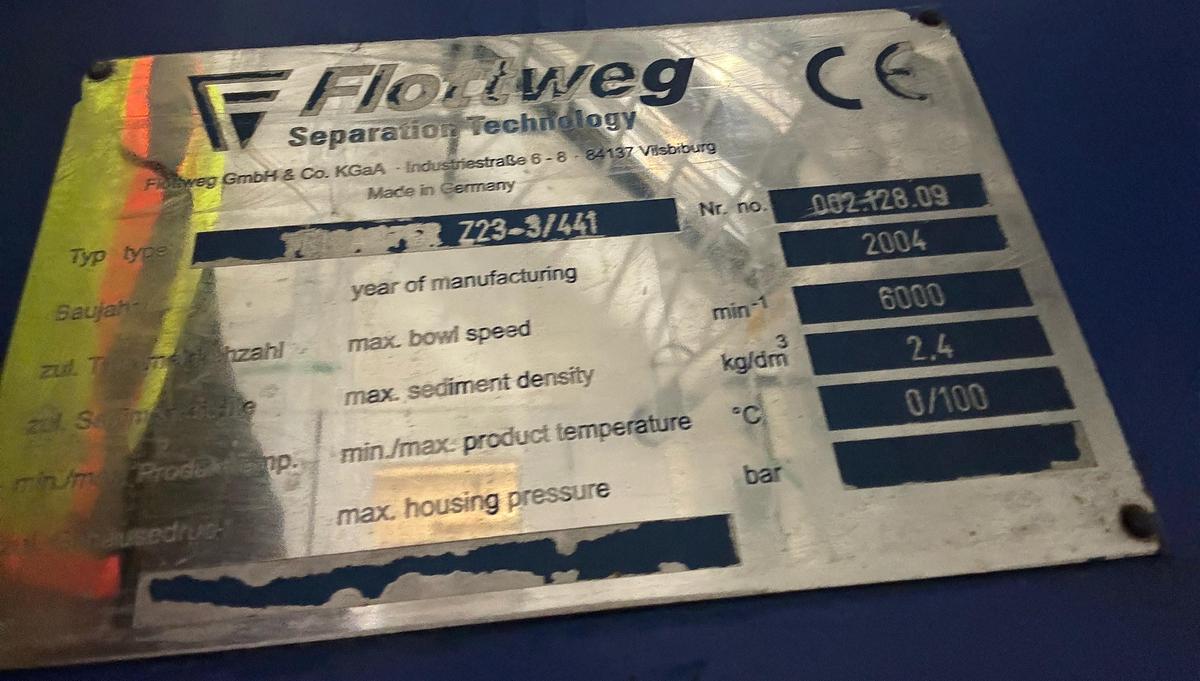 Used Flottweg Z23-3/441 Solid Bowl Tricanter Centrifuge - 6000 RPM Three-Phase Separator (2004)