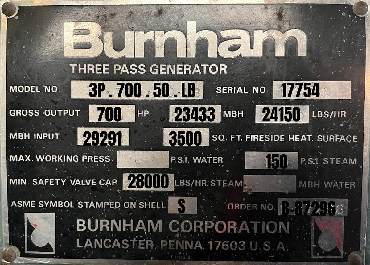 Used Burnham 700 HP 150 PSI Industrial Steam Boiler - 3P-700-50-LB with Cleaver Brooks Controls