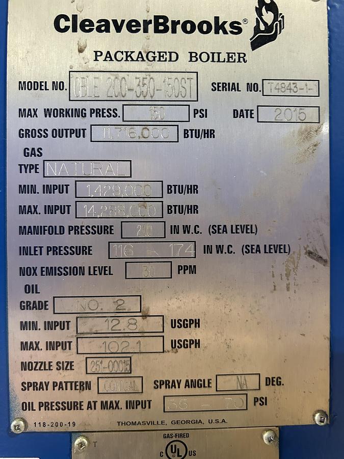 Used Cleaver Brooks CBLE-200-350-150ST 350 HP 150 PSI Packaged Steam Boiler Low NOx 2015
