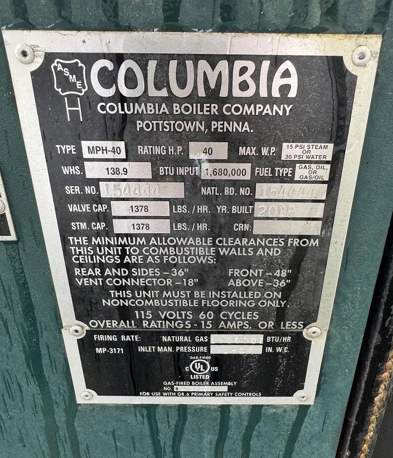 Used Columbia Boiler MPH-40 Horizontal Firebox Steam Boiler 40 HP Low Pressure Natural Gas Power Flame JR30A-13 Burner Built 2018