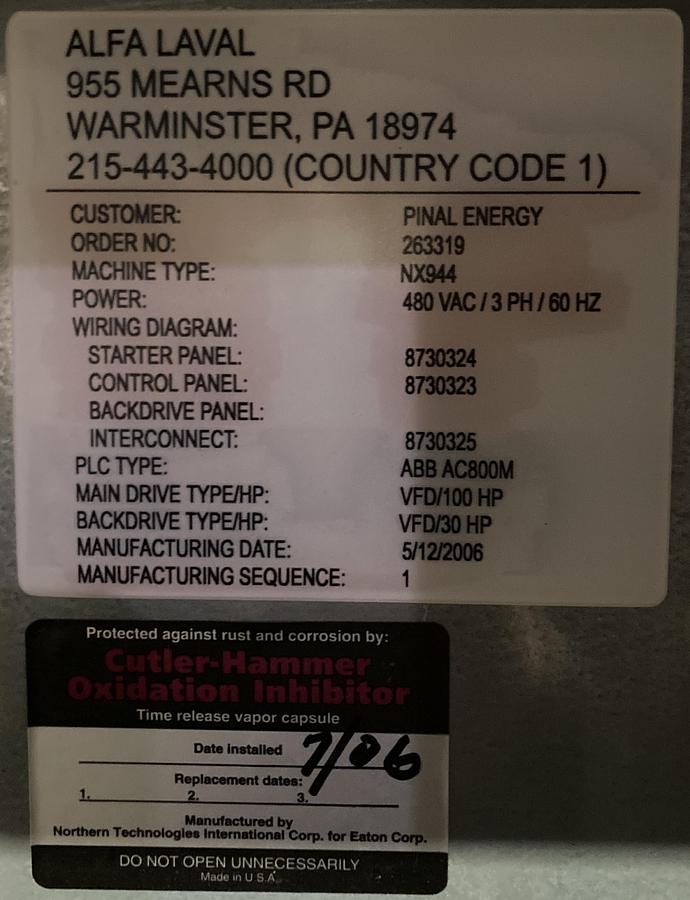 Used Alfa Laval CHNX 944-31G Industrial Decanter Centrifuge - 480V 3-Phase 100 HP Main Drive (2006)
