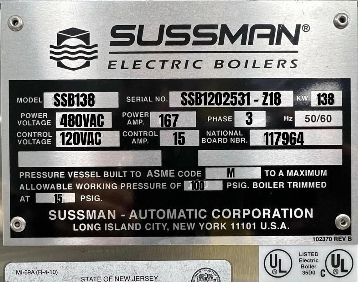 Used Sussman SSB138 Stainless Steel Electric Steam Boiler - 138 kW, 480V 3-Phase, ASME, w/Shipco Pumps (NB# 117964)