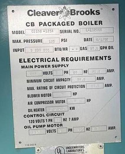 Used 100 HP Cleaver Brooks 125 PSI Hot Water Boiler 2002 Model CB100-125As