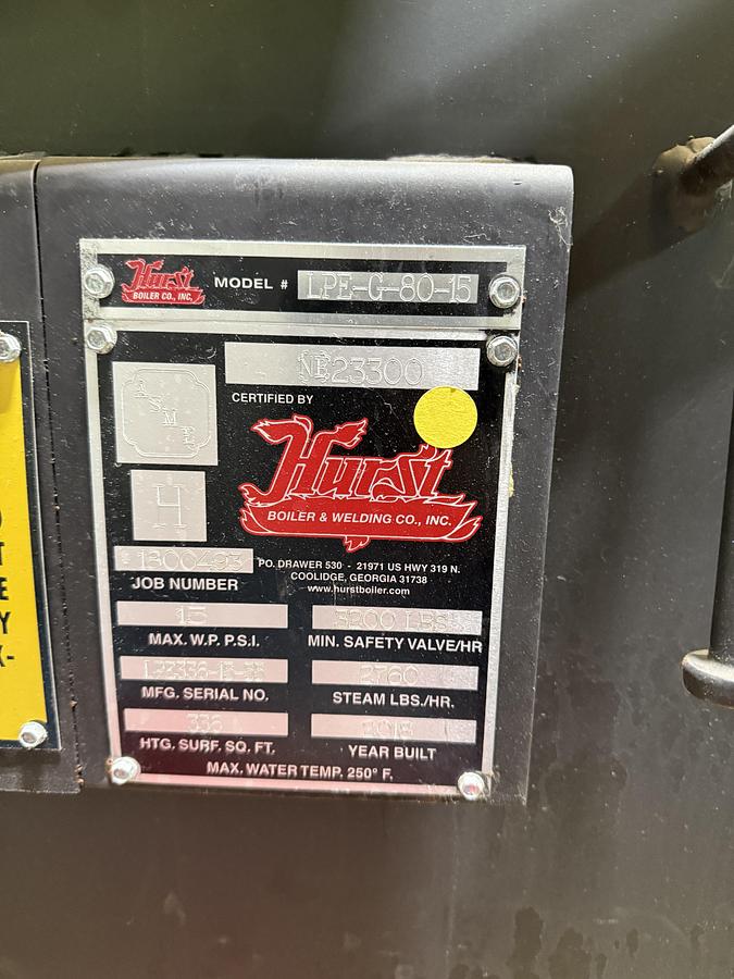 Used Hurst 80 HP Low Pressure Steam Boiler – LPE-G-80-15 (2013)