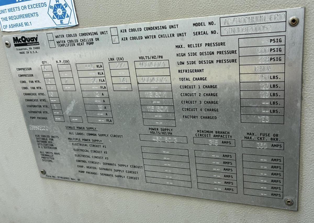 Used McQuay 140 Ton Air-Cooled Scroll Chiller AGZ140CHHNN-ER10 2009