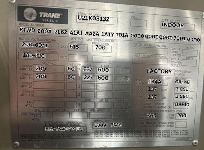 Used 200 Ton Trane Series R RTWD 200A Water-Cooled Chiller