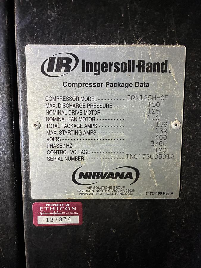 Used Ingersoll Rand NIRVANA IRN125H-OF Oil-Free Rotary Screw Air Compressor
