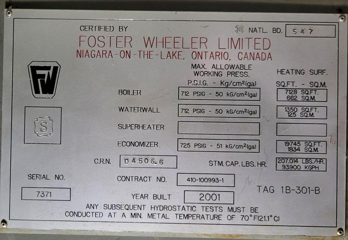 Used Foster Wheeler 7000 HP Water Tube Boiler System - 712 PSI with NAT-COM Low NOx Burner (2001)