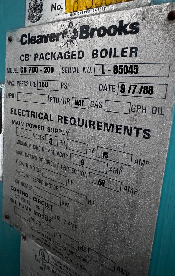 Used Cleaver Brooks 200HP 250PSI Packaged Steam Boiler CB 700-200 Natural Gas 1988
