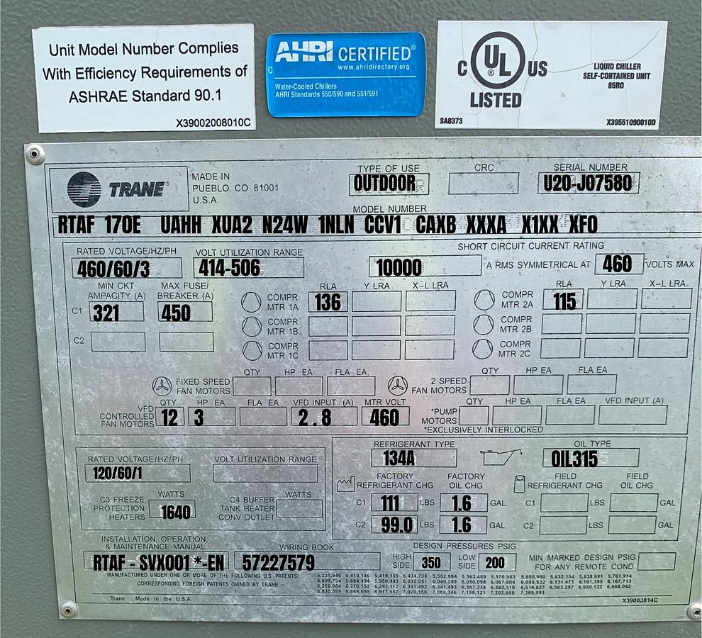 Used Trane 170 Ton Air-Cooled Chiller – RTAF 170E (2021)