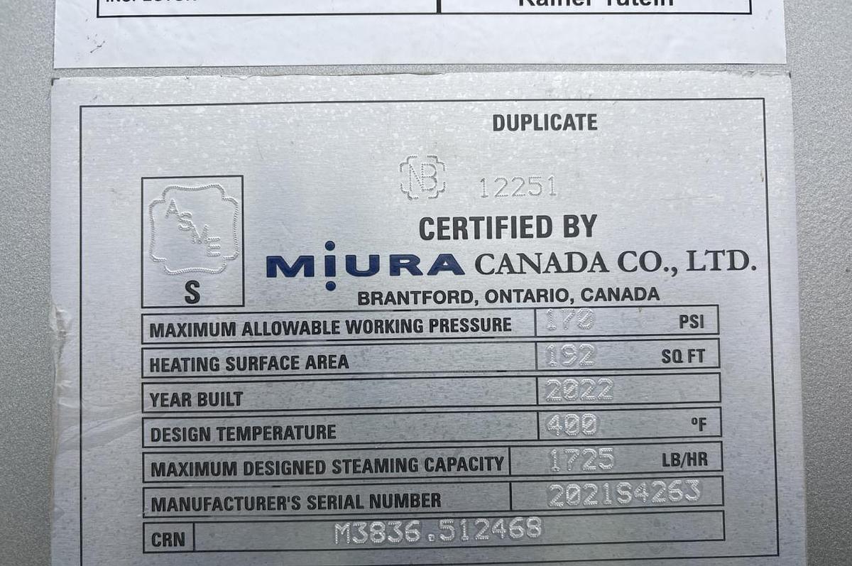Used Miura 1,725 lb/hr High-Pressure Steam Boiler – 2022 EX-200-SGO