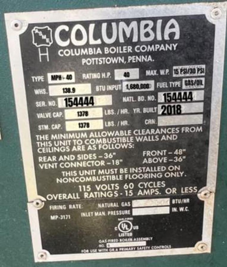 Used Columbia Boiler MPH-40 Horizontal Firebox Steam Boiler 40 HP Low Pressure Natural Gas Power Flame JR30A-13 Burner Built 2018