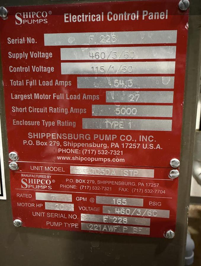 Used Fulton Deaerator Tank System DA 1001 — Shipco Pumps Skid Model 005DA ISTP — Triplex 20 HP Pump Set — Schneider Electric Controls