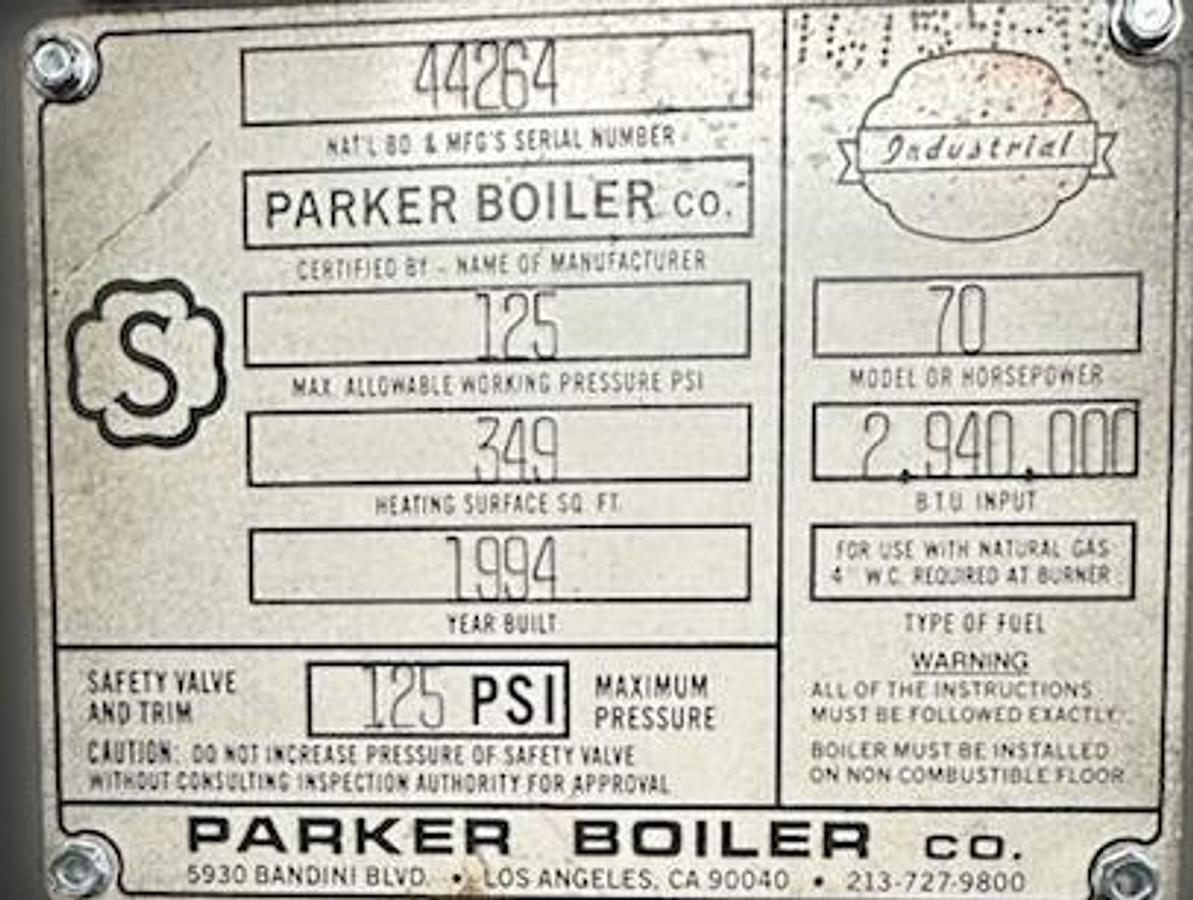 Used 70 HP Parker Industrial Steam Boiler – 1994 Model 125 PSI