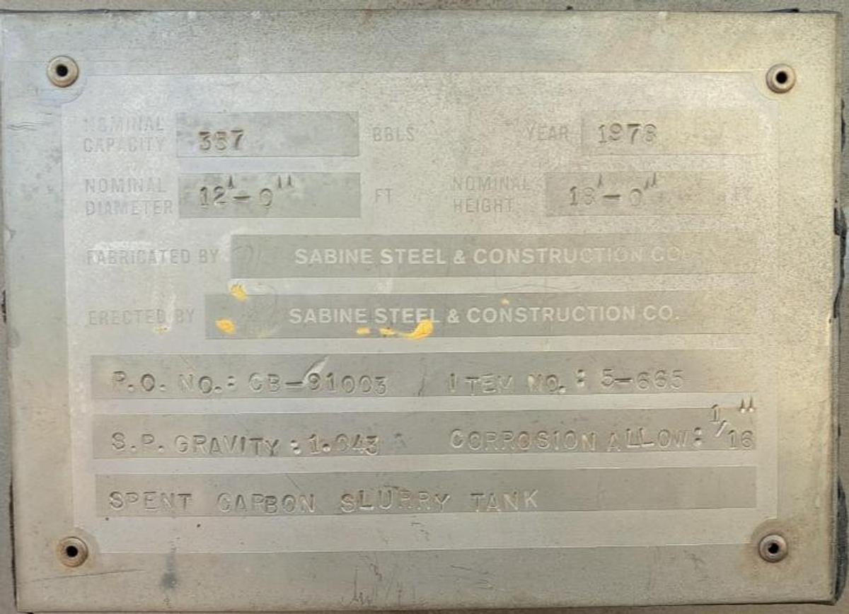 Used Sabine Steel 14,750 Gallon Stainless Steel Spent Carbon Slurry Tank (1978)