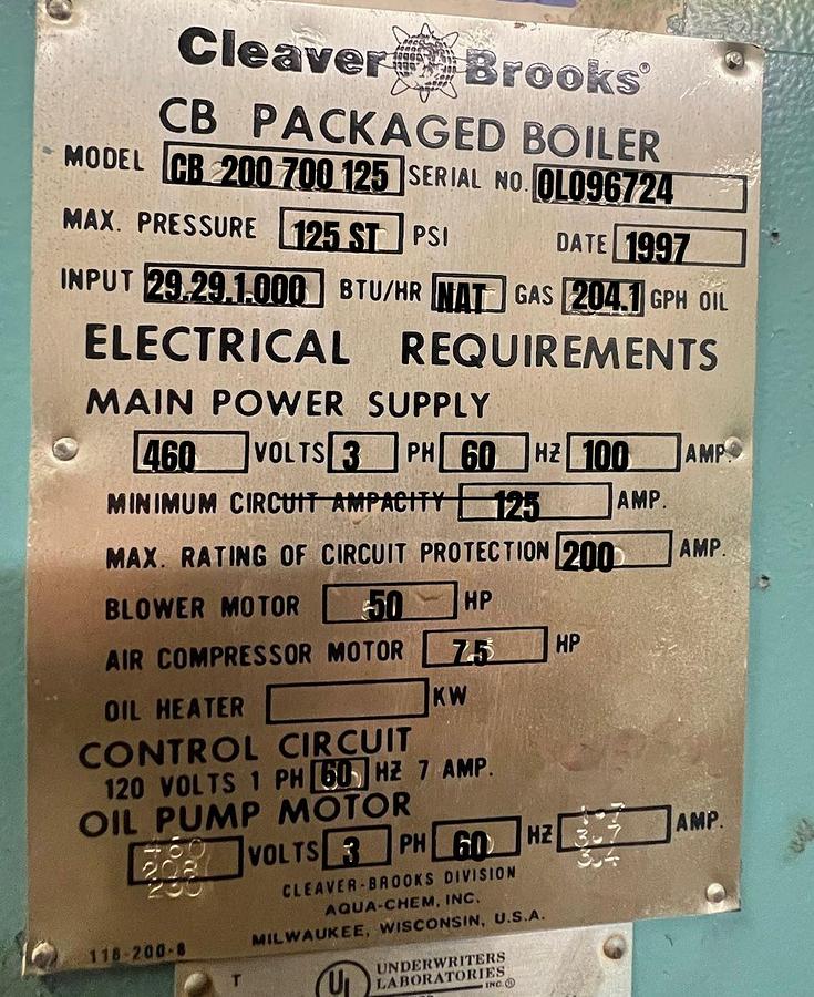 Used 200 HP Cleaver Brooks CB Packaged High-Pressure Steam Boiler – 1997 CB200-700-125