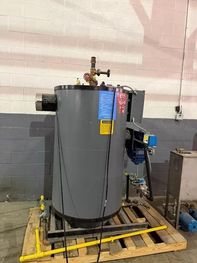 Used Lattner Vertical Natural Gas Steam Boiler System Package with Feed Water Tank Duplex Pumps Surge Tank and Control Panel