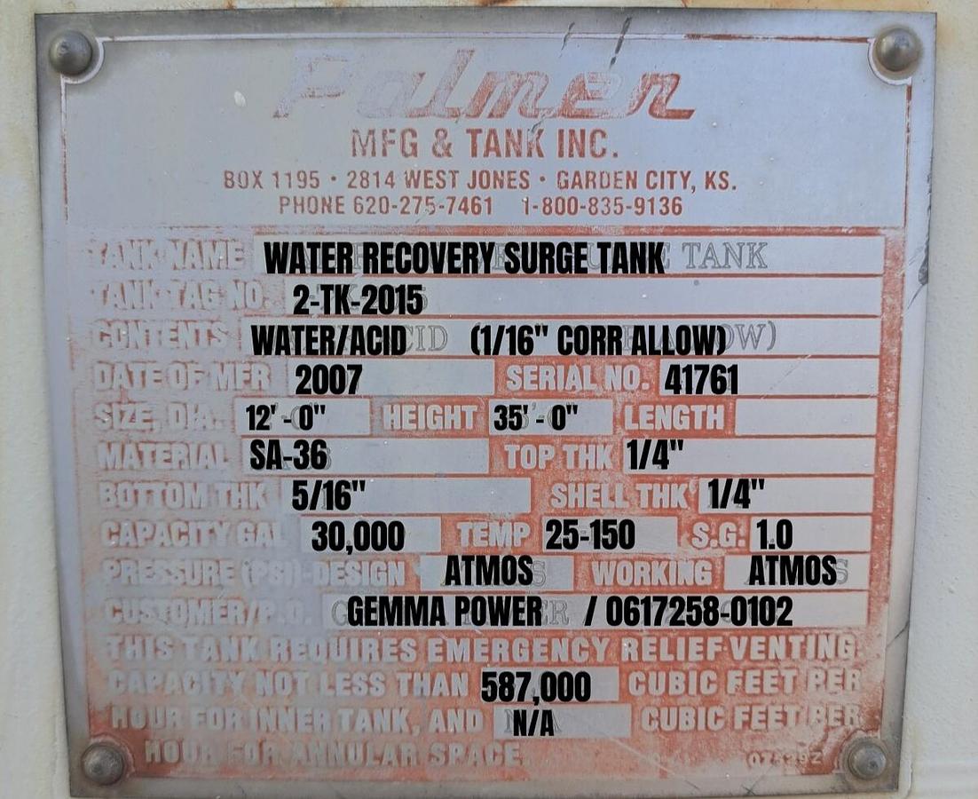 Used Palmer 30,000 Gallon Water Recovery Surge Tank – Model 2-TK-2015 (2007)