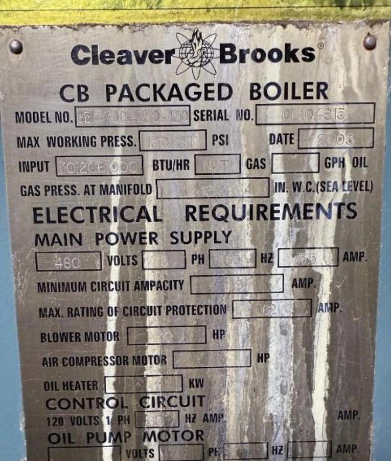 Used Cleaver Brooks 250 HP High Pressure Steam Boiler – CB 700-250-...