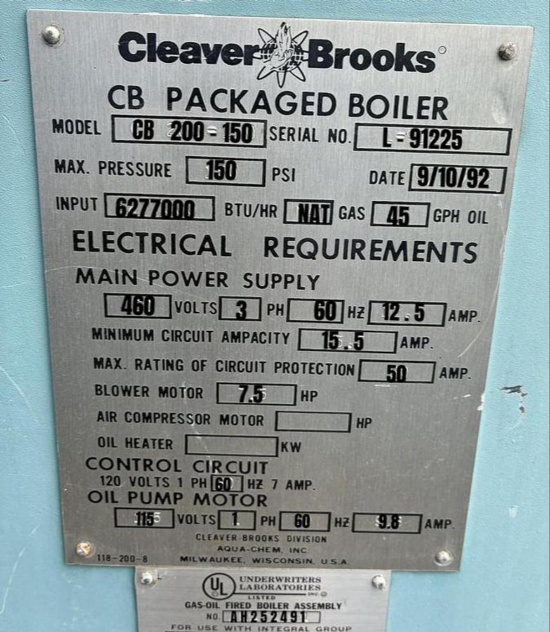 Used 1992 Cleaver Brooks CB-200-150 150 HP High Pressure Steam Boiler Natural Gas Oil Fired 150 PSI S/N L 91225 National Board No. 03010