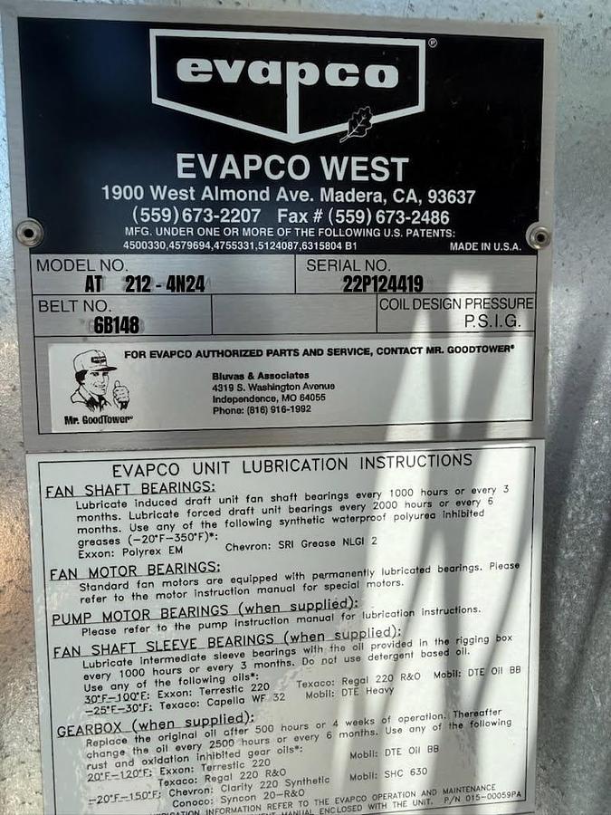 Used Evapco West Model AT 212-4N24 Cooling Tower with Baldor Reliance Super-E Pump Motors S/N 22P124419