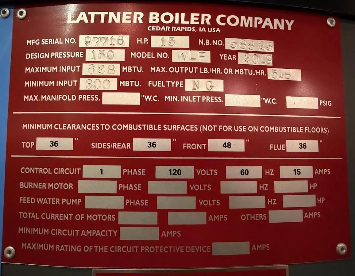Used 2019 Lattner Boiler Company 15 HP Natural Gas Steam Boiler System — Model WLF — S/N 97716 — Complete System with Feedwater Tank, Condensate Receiver & Controls
