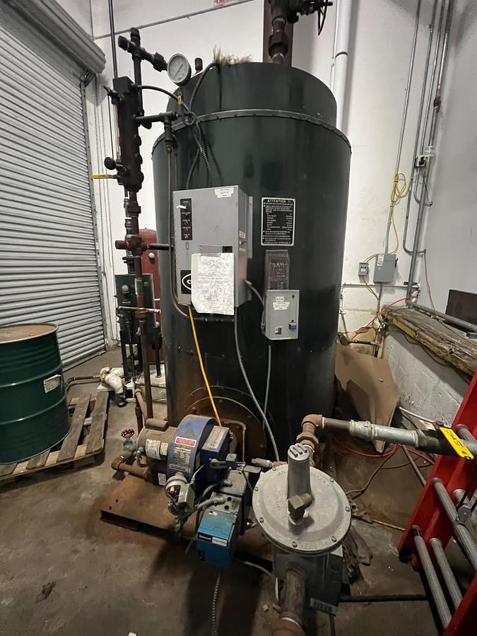 Used Columbia Boiler CT-Series Vertical Steam Boiler 50 HP Natural Gas Power Flame JR50A-15 Burner 150 PSI MAWP Built 2012