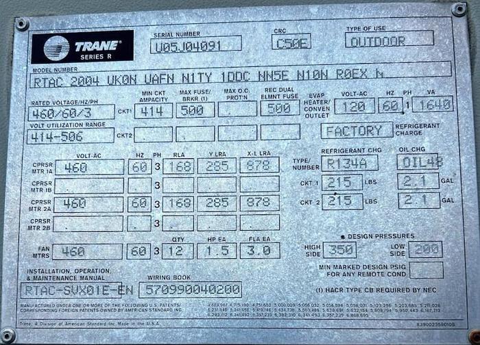 Used 200 Ton Trane Series R RTAC 2004 Air Cooled Chiller