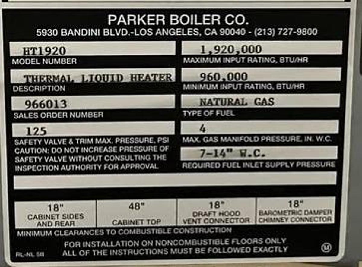 Used Parker Boiler Thermal Liquid Heater 125 PSI HT1920 1920000 BTU Natural Gas