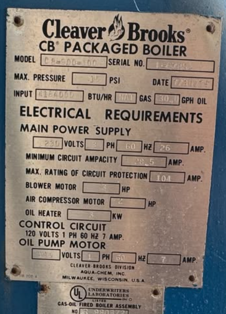 Used Cleaver Brooks CB-900-100 Packaged Steam Boiler 100 HP Low Pressure Dual Fuel Gas Oil 15 PSI Container Mounted Skid Built 1979