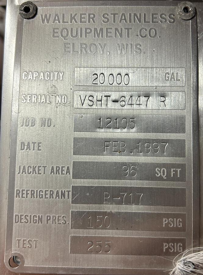 Used Walker Stainless 20,000 Gallon Jacketed Stainless Steel Storage Tanks SA240/T316L R-717 Lot of 4 1997