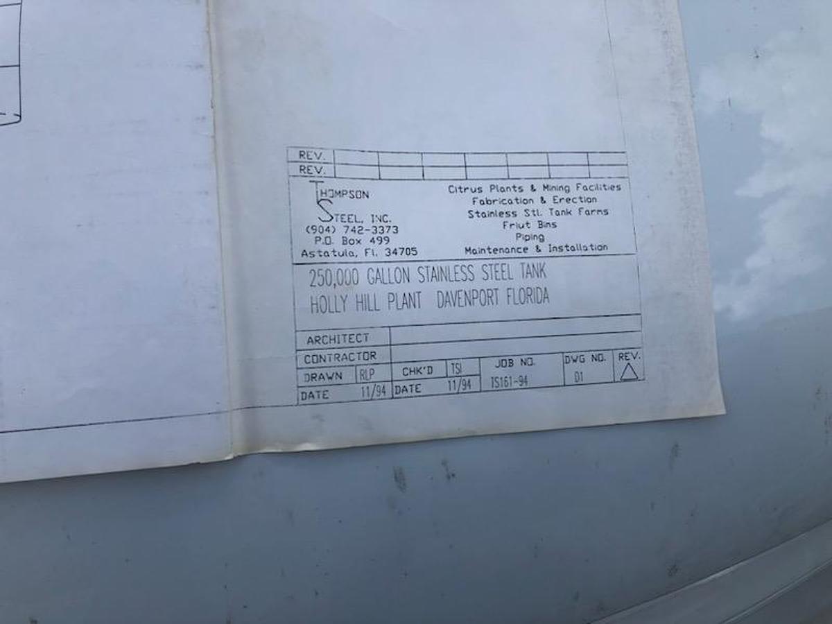 Used 250,000 Gallon Food Grade Stainless Steel Storage Tank (1994)