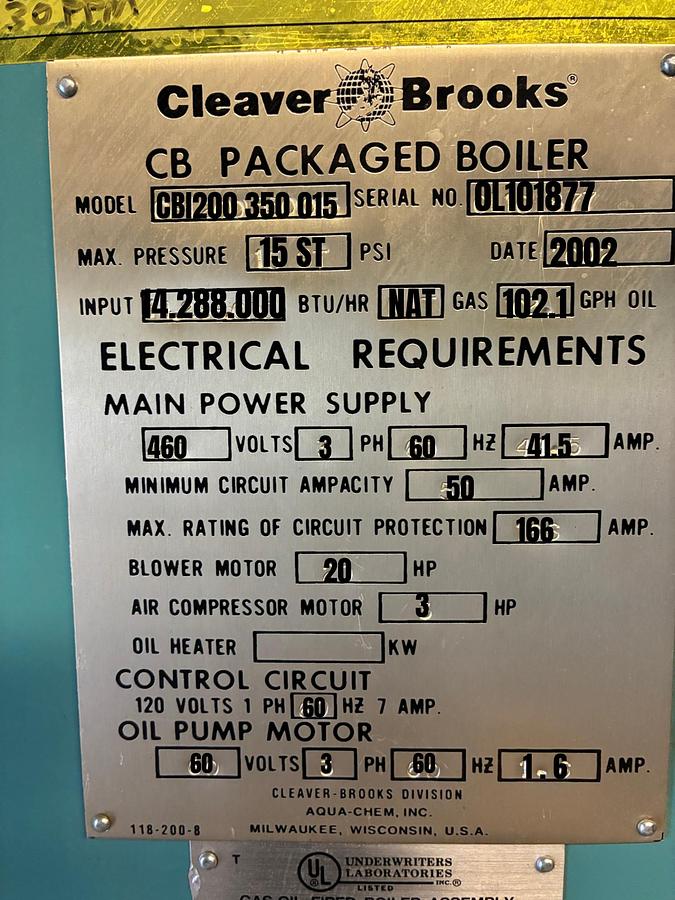 Used 2002 Cleaver Brooks CB 350 HP Steam Boiler – 15 PSI with Advanced Honeywell Controls